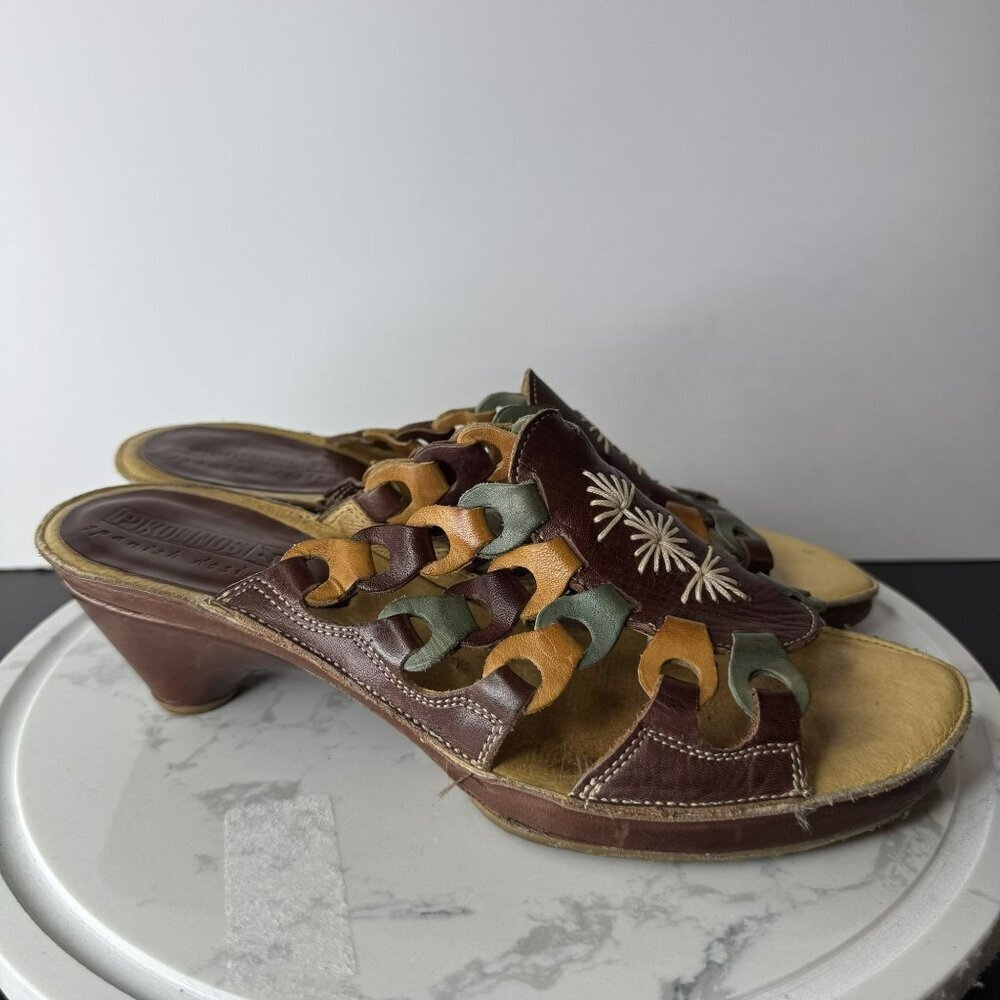Pikolinos Brown‎ Leather Embroidered Slip-On Slide Sandals Cut-Outs Size 37 GUC